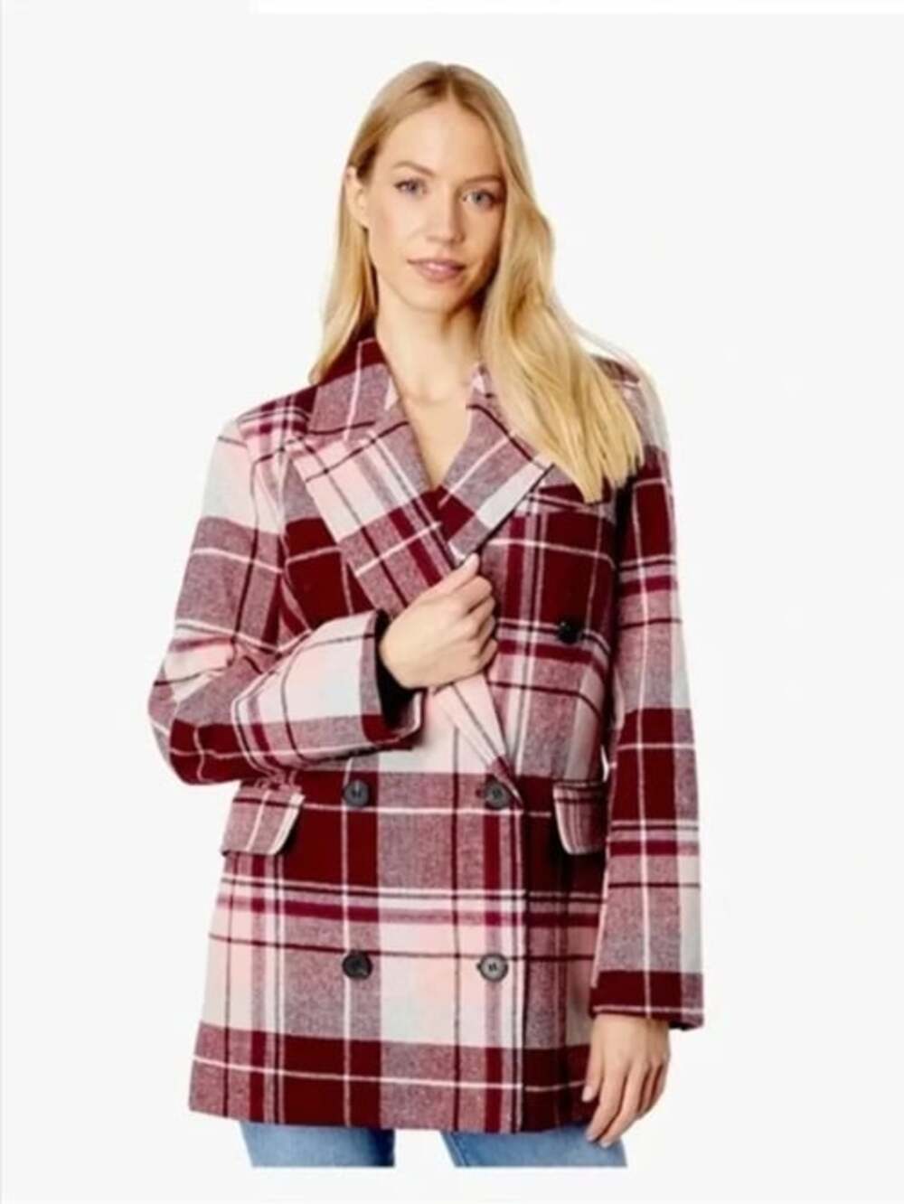 7 For All Mankind medium pea coat double breasted jacket plaid cozy fall winter